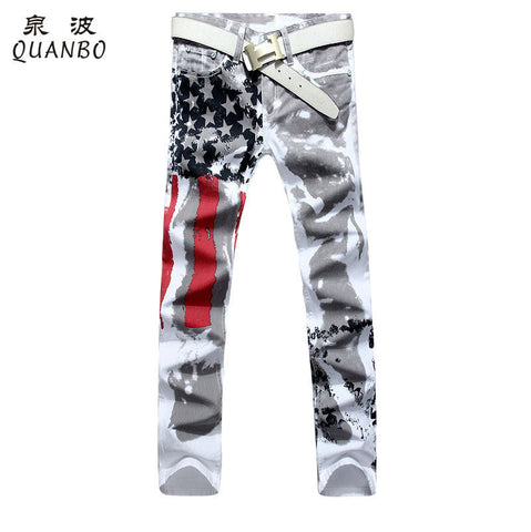 White Printed Fashion Men Jeans Slim Stretch